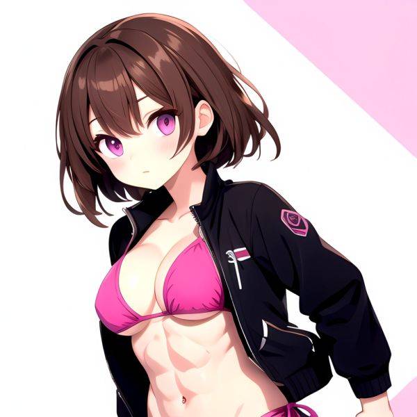 1girl Abs Bikini Breasts Brown Hair Colored Skin Jacket Large Breasts Muscular Muscular Female Pink Eyes Solo Swimsuit White Bac, 608461933 - AIHentai - aihentai.co on pornintellect.com