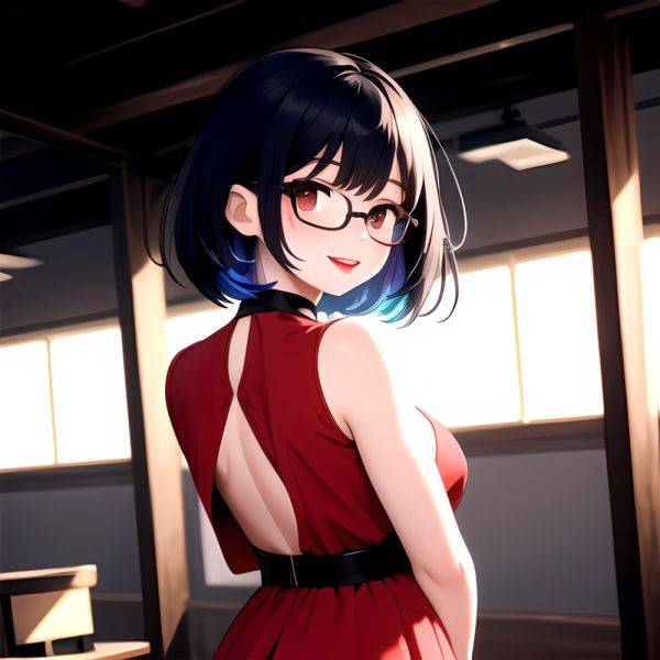 Kson 1girl Black Hair Blue Hair Breasts Brown Eyes Choker Cleavage Collarbone Dress Glasses Gradient Hair Head Tilt Looking At, 4275345820 - AIHentai - aihentai.co on pornintellect.com