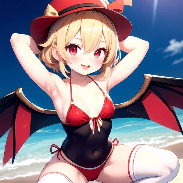 Armpits Bikini Breasts Red Eyes Red Thighhighs Small Breasts Thick Thighs White Bikini Blonde Hair Flandre Scarlet 1girl P Blush, 2061576052 - AIHentai - aihentai.co on pornintellect.com
