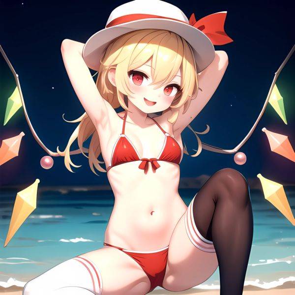 Armpits Bikini Breasts Red Eyes Red Thighhighs Small Breasts Thick Thighs White Bikini Blonde Hair Flandre Scarlet 1girl P Blush, 882674084 - AIHentai - aihentai.co on pornintellect.com