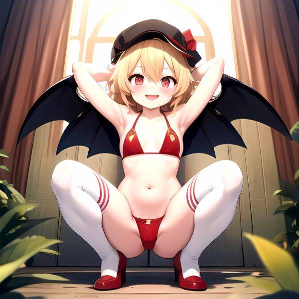 Armpits Bikini Breasts Red Eyes Red Thighhighs Small Breasts Thick Thighs White Bikini Blonde Hair Flandre Scarlet 1girl P Blush, 237394351 - AIHentai - aihentai.co on pornintellect.com