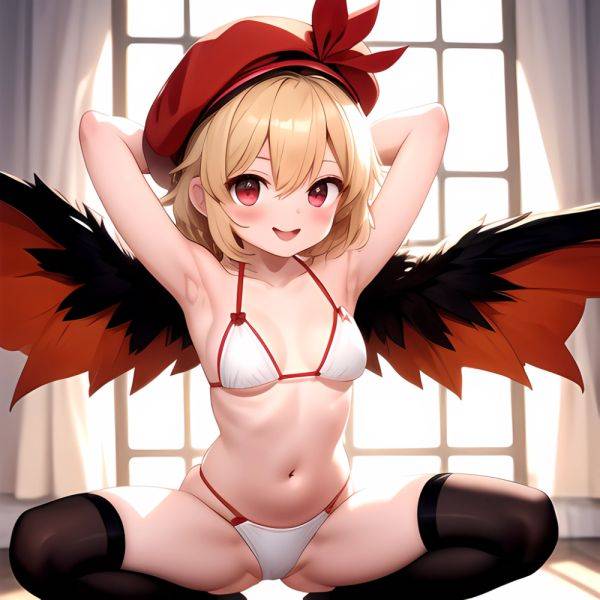 Armpits Bikini Breasts Red Eyes Red Thighhighs Small Breasts Thick Thighs White Bikini Blonde Hair Flandre Scarlet 1girl P Blush, 1620288370 - AIHentai - aihentai.co on pornintellect.com