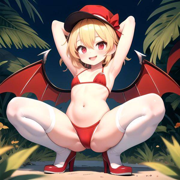 Armpits Bikini Breasts Red Eyes Red Thighhighs Small Breasts Thick Thighs White Bikini Blonde Hair Flandre Scarlet 1girl P Blush, 349144465 - AIHentai - aihentai.co on pornintellect.com