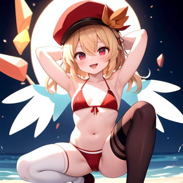 Armpits Bikini Breasts Red Eyes Red Thighhighs Small Breasts Thick Thighs White Bikini Blonde Hair Flandre Scarlet 1girl P Blush, 1351760659 - AIHentai - aihentai.co on pornintellect.com