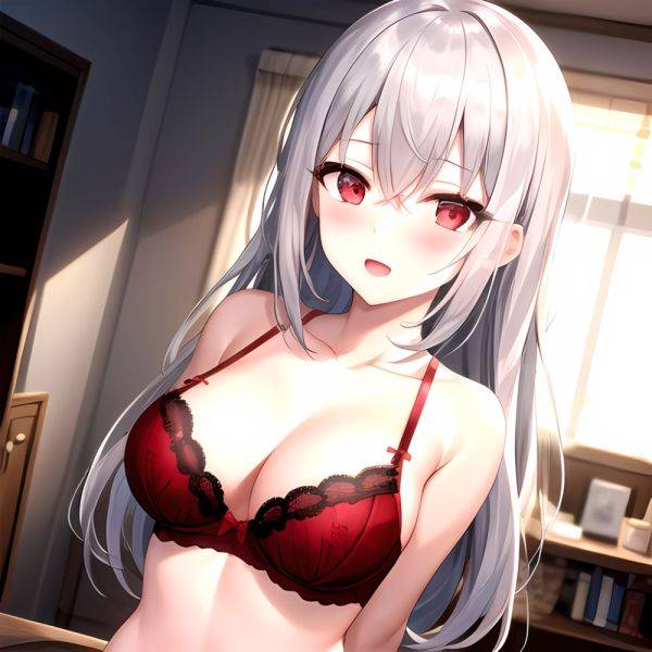 1girl Red Bra Blush Bra Breasts Double Parted Bangs Grey Hair Hair Between Eyes Indoors Large Breasts Long Hair Looking, 925442906 - AIHentai - aihentai.co on pornintellect.com