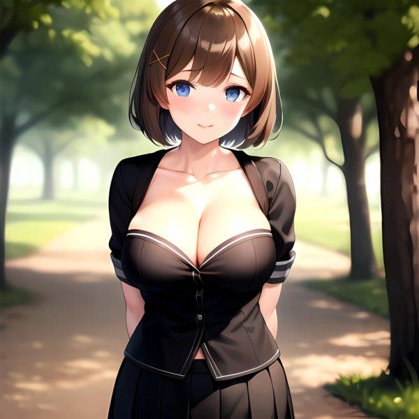 Blue Eyes Breasts Brown Hair Cleavage Large Breasts Short Hair Skirt Maya Kancolle 1girl Alternate Costume Arms Behind Back Blac, 3281230743 - AIHentai - aihentai.co on pornintellect.com