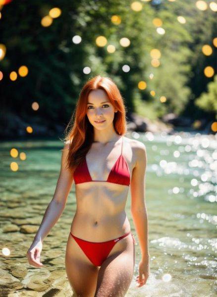 AI generated redhead Hanna Jane strips her red bikini & poses naked in nature - pornpics.com on pornintellect.com