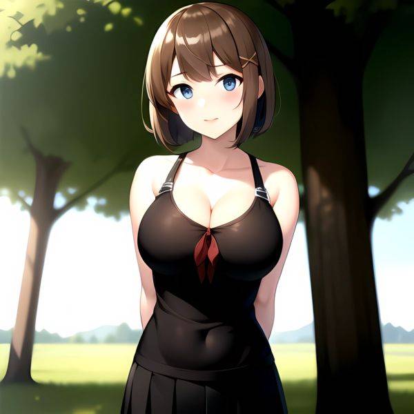 Blue Eyes Breasts Brown Hair Cleavage Large Breasts Short Hair Skirt Maya Kancolle 1girl Alternate Costume Arms Behind Back Blac, 553369467 - AIHentai - aihentai.co on pornintellect.com
