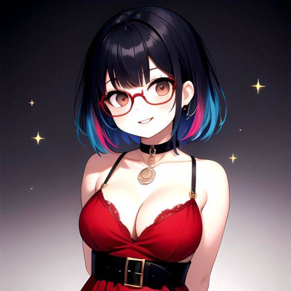 Kson 1girl Black Hair Blue Hair Breasts Brown Eyes Choker Cleavage Collarbone Dress Glasses Gradient Hair Head Tilt Looking At, 3966442161 - AIHentai - aihentai.co on pornintellect.com