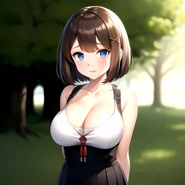 Blue Eyes Breasts Brown Hair Cleavage Large Breasts Short Hair Skirt Maya Kancolle 1girl Alternate Costume Arms Behind Back Blac, 2587626107 - AIHentai - aihentai.co on pornintellect.com
