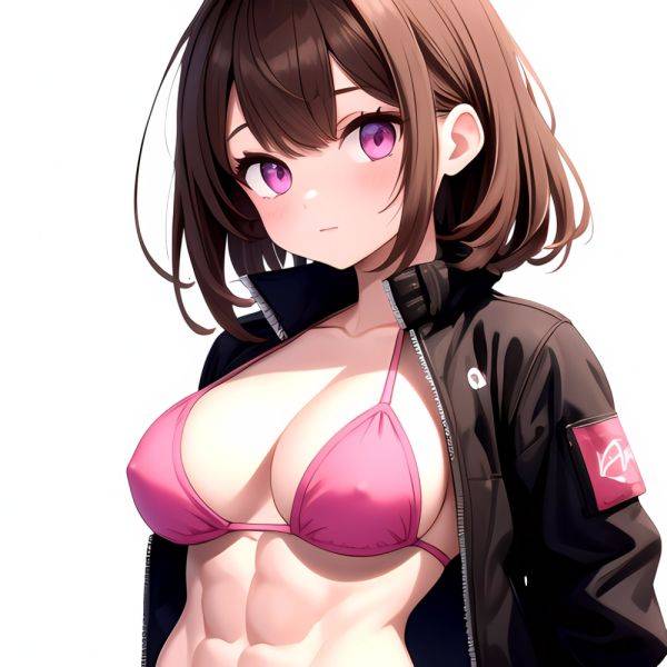 1girl Abs Bikini Breasts Brown Hair Colored Skin Jacket Large Breasts Muscular Muscular Female Pink Eyes Solo Swimsuit White Bac, 3630285805 - AIHentai - aihentai.co on pornintellect.com
