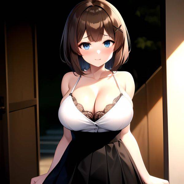 Blue Eyes Breasts Brown Hair Cleavage Large Breasts Short Hair Skirt Maya Kancolle 1girl Alternate Costume Arms Behind Back Blac, 546491940 - AIHentai - aihentai.co on pornintellect.com