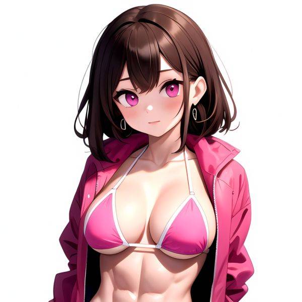 1girl Abs Bikini Breasts Brown Hair Colored Skin Earrings Jacket Jewelry Large Breasts Muscular Muscular Female Nose Piercing No, 4288587065 - AIHentai - aihentai.co on pornintellect.com