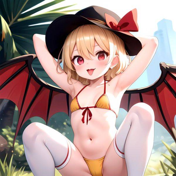 Armpits Bikini Breasts Red Eyes Red Thighhighs Small Breasts Thick Thighs White Bikini Blonde Hair Flandre Scarlet 1girl P Blush, 3078162779 - AIHentai - aihentai.co on pornintellect.com