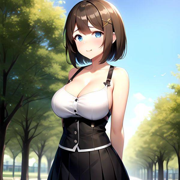 Blue Eyes Breasts Brown Hair Cleavage Large Breasts Short Hair Skirt Maya Kancolle 1girl Alternate Costume Arms Behind Back Blac, 4032890074 - AIHentai - aihentai.co on pornintellect.com