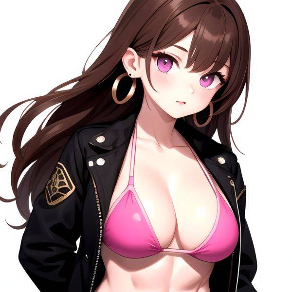 1girl Abs Bikini Breasts Brown Hair Colored Skin Earrings Jacket Jewelry Large Breasts Muscular Muscular Female Nose Piercing No, 4226303752 - AIHentai - aihentai.co on pornintellect.com