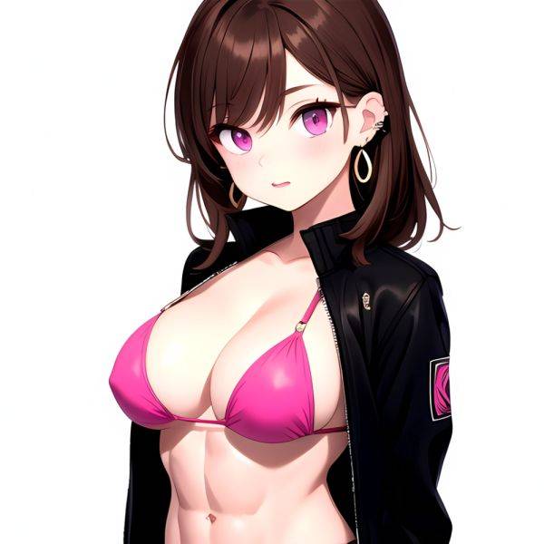 1girl Abs Bikini Breasts Brown Hair Colored Skin Earrings Jacket Jewelry Large Breasts Muscular Muscular Female Nose Piercing No, 1862960319 - AIHentai - aihentai.co on pornintellect.com