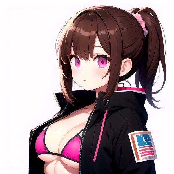1girl Abs Bikini Breasts Brown Hair Colored Skin Jacket Large Breasts Muscular Muscular Female Pink Eyes Solo Swimsuit White Bac, 3053548890 - AIHentai - aihentai.co on pornintellect.com