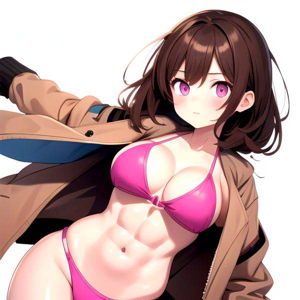 1girl Abs Bikini Breasts Brown Hair Colored Skin Jacket Large Breasts Muscular Muscular Female Pink Eyes Solo Swimsuit White Bac, 978604302 - AIHentai - aihentai.co on pornintellect.com