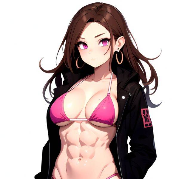 1girl Abs Bikini Breasts Brown Hair Colored Skin Earrings Jacket Jewelry Large Breasts Muscular Muscular Female Nose Piercing No, 385371223 - AIHentai - aihentai.co on pornintellect.com