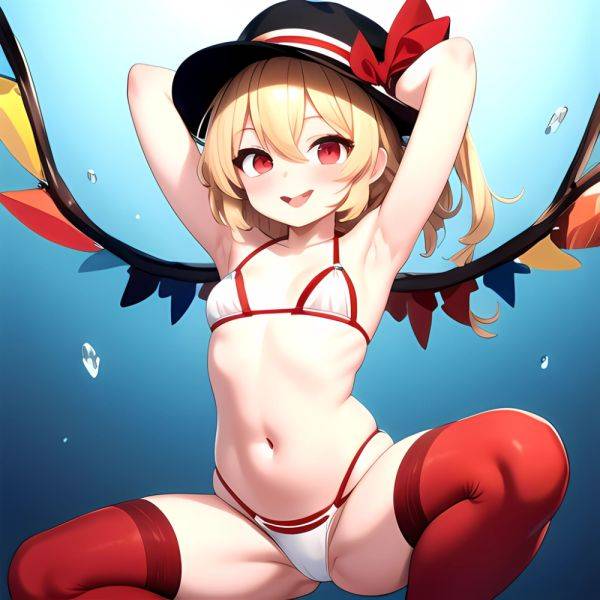 Armpits Bikini Breasts Red Eyes Red Thighhighs Small Breasts Thick Thighs White Bikini Flandre Scarlet 1girl P Blonde Hair Blush, 993004641 - AIHentai - aihentai.co on pornintellect.com
