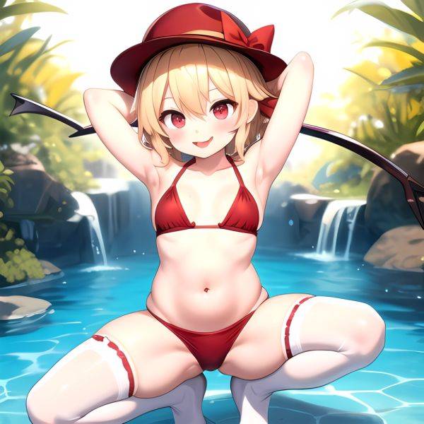 Armpits Bikini Breasts Red Eyes Red Thighhighs Small Breasts Thick Thighs White Bikini Blonde Hair Flandre Scarlet 1girl P Blush, 2426943942 - AIHentai - aihentai.co on pornintellect.com