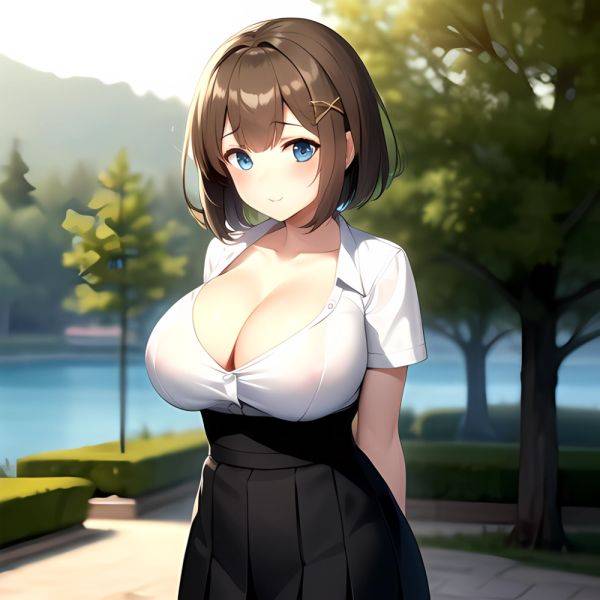 Blue Eyes Breasts Brown Hair Cleavage Large Breasts Short Hair Skirt Maya Kancolle 1girl Alternate Costume Arms Behind Back Blac, 534404873 - AIHentai - aihentai.co on pornintellect.com