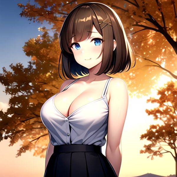 Blue Eyes Breasts Brown Hair Cleavage Large Breasts Short Hair Skirt Maya Kancolle 1girl Alternate Costume Arms Behind Back Blac, 157598195 - AIHentai - aihentai.co on pornintellect.com