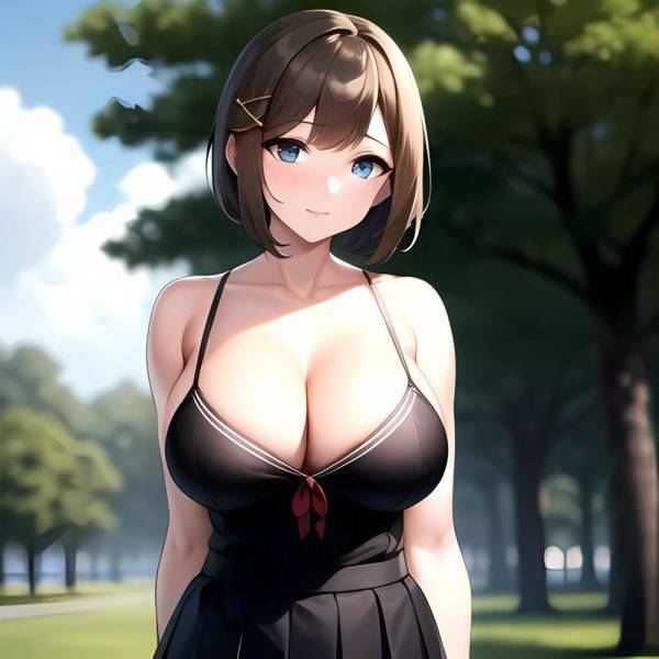 Blue Eyes Breasts Brown Hair Cleavage Large Breasts Short Hair Skirt Maya Kancolle 1girl Alternate Costume Arms Behind Back Blac, 460015682 - AIHentai - aihentai.co on pornintellect.com