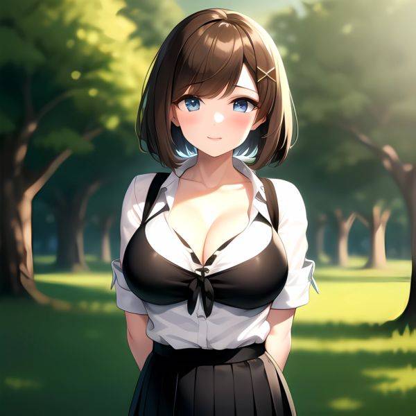 Blue Eyes Breasts Brown Hair Cleavage Large Breasts Short Hair Skirt Maya Kancolle 1girl Alternate Costume Arms Behind Back Blac, 4633076 - AIHentai - aihentai.co on pornintellect.com