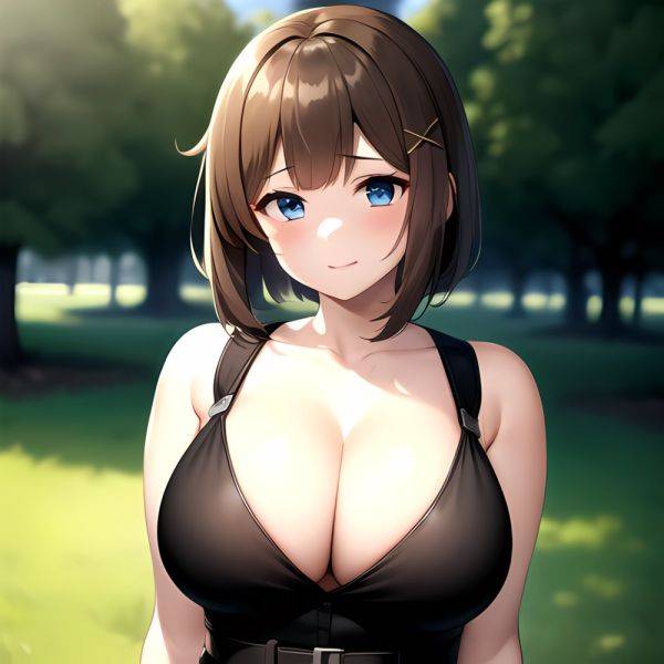Blue Eyes Breasts Brown Hair Cleavage Large Breasts Short Hair Skirt Maya Kancolle 1girl Alternate Costume Arms Behind Back Blac, 1681851810 - AIHentai - aihentai.co on pornintellect.com