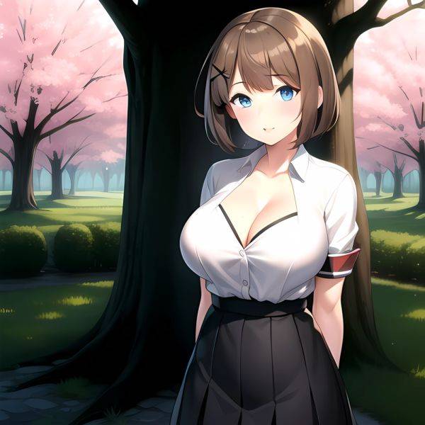 Blue Eyes Breasts Brown Hair Cleavage Large Breasts Short Hair Skirt Maya Kancolle 1girl Alternate Costume Arms Behind Back Blac, 486642138 - AIHentai - aihentai.co on pornintellect.com