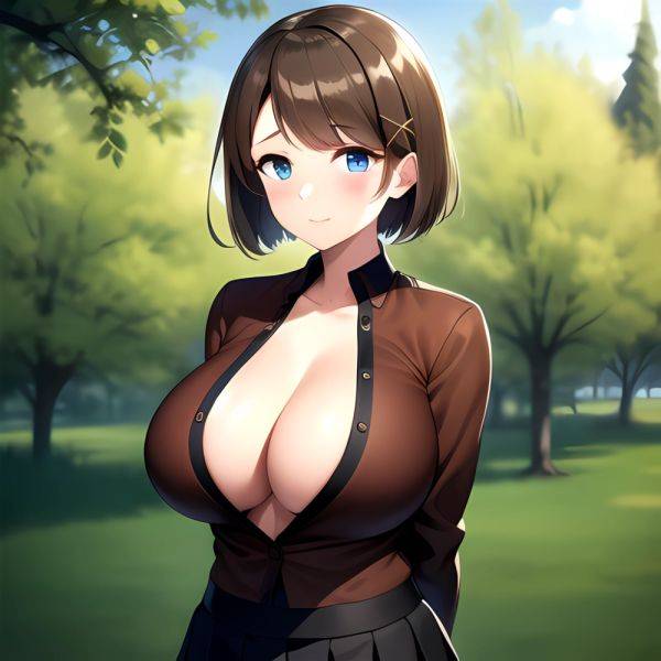 Blue Eyes Breasts Brown Hair Cleavage Large Breasts Short Hair Skirt Maya Kancolle 1girl Alternate Costume Arms Behind Back Blac, 1498313524 - AIHentai - aihentai.co on pornintellect.com