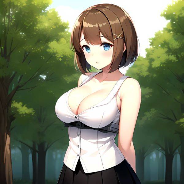 Blue Eyes Breasts Brown Hair Cleavage Large Breasts Short Hair Skirt Maya Kancolle 1girl Alternate Costume Arms Behind Back Blac, 3654799498 - AIHentai - aihentai.co on pornintellect.com