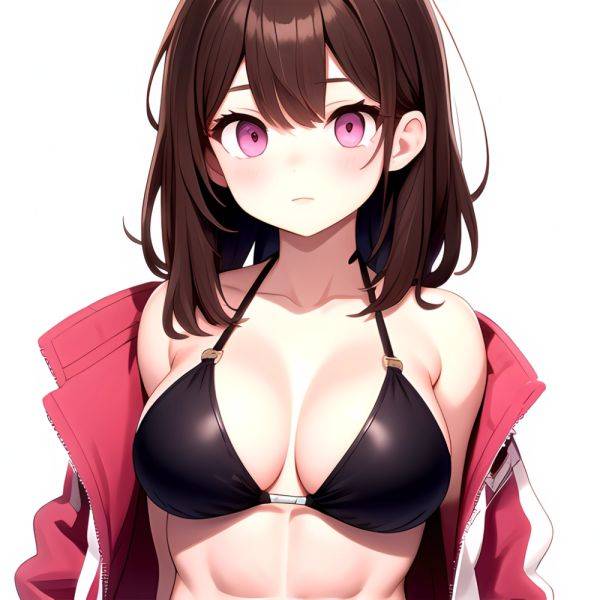 1girl Abs Bikini Breasts Brown Hair Colored Skin Jacket Large Breasts Muscular Muscular Female Pink Eyes Solo Swimsuit White Bac, 1868127636 - AIHentai - aihentai.co on pornintellect.com
