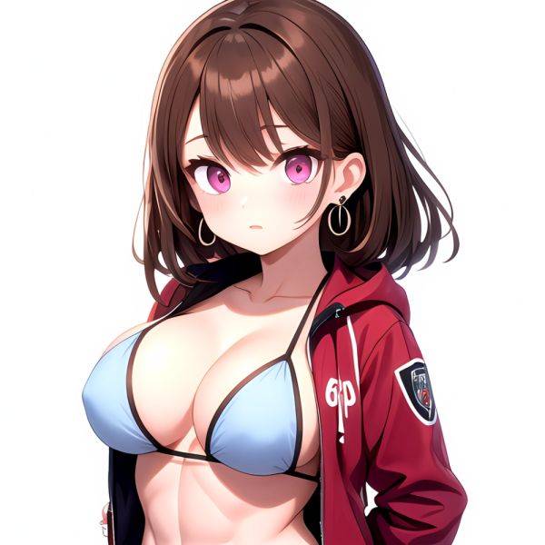 1girl Abs Bikini Breasts Brown Hair Colored Skin Earrings Jacket Jewelry Large Breasts Muscular Muscular Female Nose Piercing No, 3531030566 - AIHentai - aihentai.co on pornintellect.com
