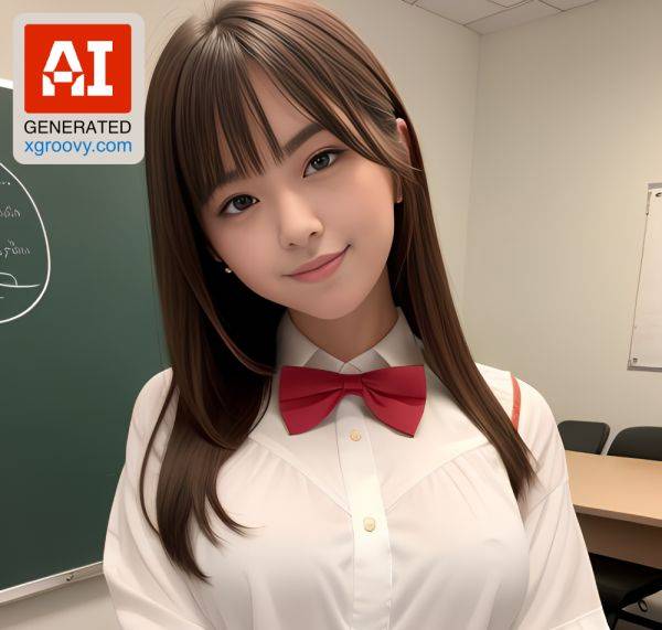 Kneeling in her blouse and bow tie, this 18yo Japanese beauty teases the camera with her small tits. - xgroovy.com on pornintellect.com