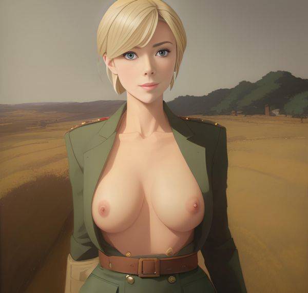 Topless French Pixie in Military Suit: Partially Nude Front View Illustration - xgroovy.com on pornintellect.com