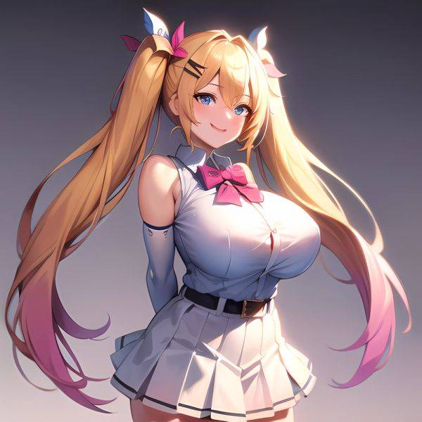 1girl Aymusk Belt White Skirt Blonde Hair Blue Eyes Blush Bow Bowtie Breasts Curvy Elbow Gloves Fang Gloves Gradient Background, 407477687 - AIHentai - aihentai.co on pornintellect.com