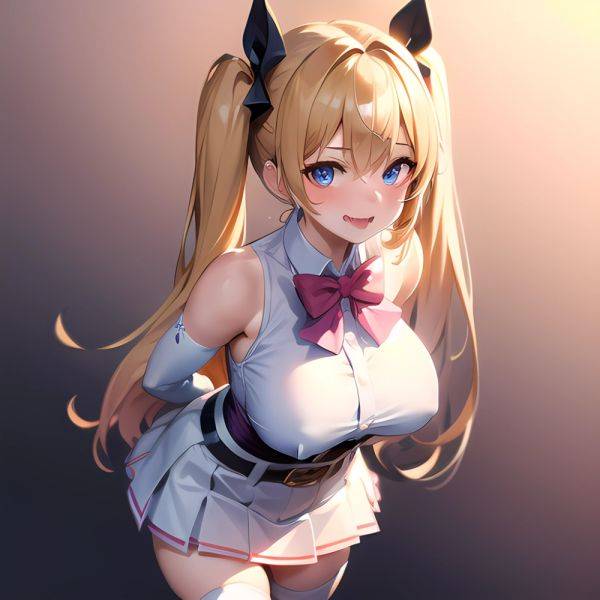 1girl Aymusk Belt White Skirt Blonde Hair Blue Eyes Blush Bow Bowtie Breasts Curvy Elbow Gloves Fang Gloves Gradient Background, 524184569 - AIHentai - aihentai.co on pornintellect.com