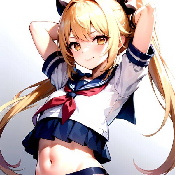 1girl Arms Up Arms Behind Head Blonde Hair Blue Skirt Bow Crop Top Crop Top Overhang Genshin Impact Gradient Background, 2977007953 - AIHentai - aihentai.co on pornintellect.com