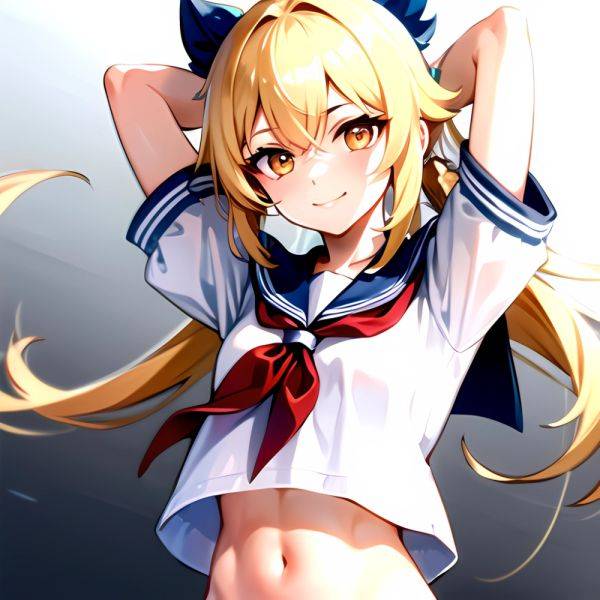 1girl Arms Up Arms Behind Head Blonde Hair Blue Skirt Bow Crop Top Crop Top Overhang Genshin Impact Gradient Background, 980412326 - AIHentai - aihentai.co on pornintellect.com