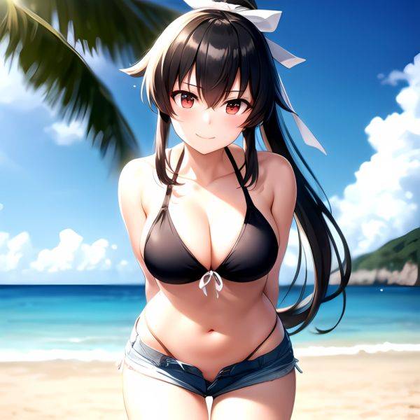 1girl Arms Behind Back Beach Bikini Bikini Under Shorts Black Bikini Black Hair Blurry Blurry Background Breasts Cleavage Closed, 428273122 - AIHentai - aihentai.co on pornintellect.com