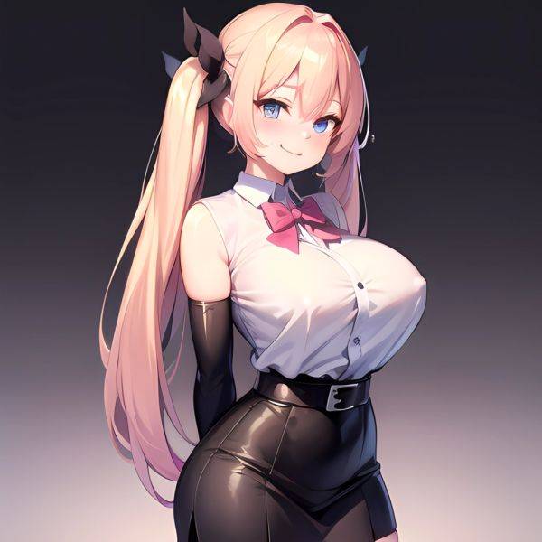 1girl Aymusk Belt Black Skirt Blonde Hair Blue Eyes Blush Bow Bowtie Breasts Curvy Elbow Gloves Fang Gloves Gradient Background, 3759829826 - AIHentai - aihentai.co on pornintellect.com