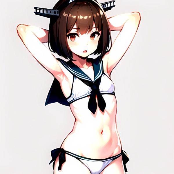 1girl Arms Up Arms Behind Head Bikini Bob Cut Brown Eyes Brown Hair Commentary Request Cosplay Cowboy Shot Flat Chest, 3193946632 - AIHentai - aihentai.co on pornintellect.com