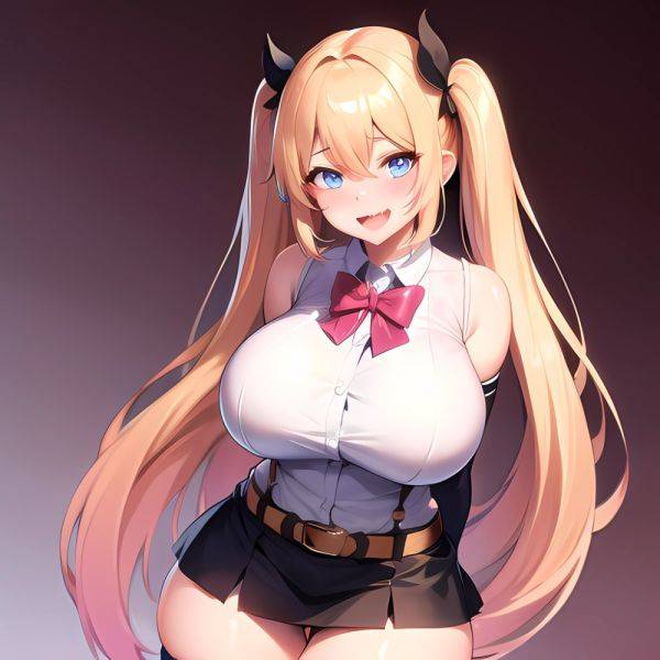 1girl Aymusk Belt Black Skirt Blonde Hair Blue Eyes Blush Bow Bowtie Breasts Curvy Elbow Gloves Fang Gloves Gradient Background, 1704549099 - AIHentai - aihentai.co on pornintellect.com