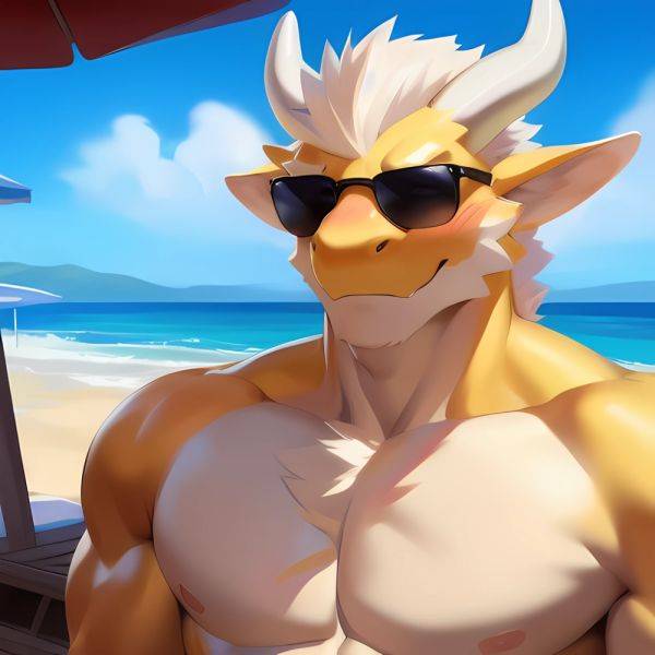 Male Anthro Muscle Kemono Dragon Penis Yellow Body Blush Sunglasses Beach White Mane Horns Chunie Meesh Kiyosan Sigma X Bara, 2169064495 - AIHentai - aihentai.co on pornintellect.com