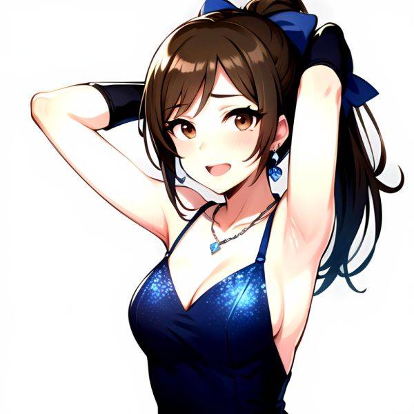 1girl Absurdres Armpits Arms Up Ayase Honoka Black Gloves Blue Bow Blue Dress Blush Bow Breasts Brown Eyes Brown Hair, 688414129 - AIHentai - aihentai.co on pornintellect.com