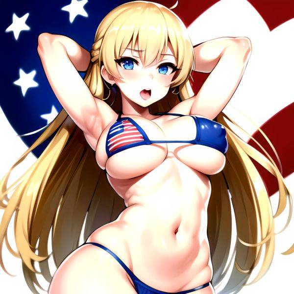 1girl American Flag Bikini Armpits Arms Behind Head Bikini Blonde Hair Blue Eyes Blush Breasts Covered Erect Nipples Flag Print, 622781991 - AIHentai - aihentai.co - Usa on pornintellect.com