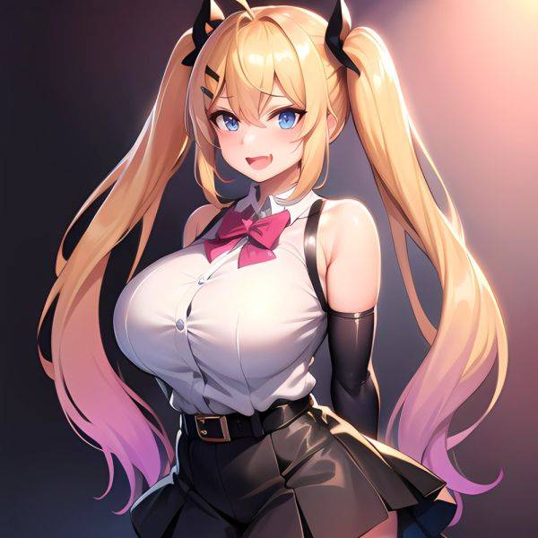 1girl Aymusk Belt Black Skirt Blonde Hair Blue Eyes Blush Bow Bowtie Breasts Curvy Elbow Gloves Fang Gloves Gradient Background, 1314322923 - AIHentai - aihentai.co on pornintellect.com
